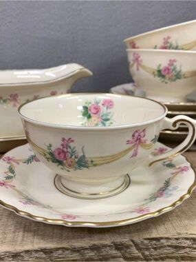 Federal shape vintage coquette pink floral and punk ribbon china set 6